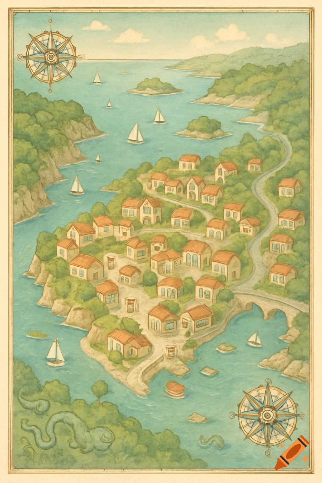 An overhead, watercolor-style map of a quaint coastal town with houses, islands, boats, and compass roses.