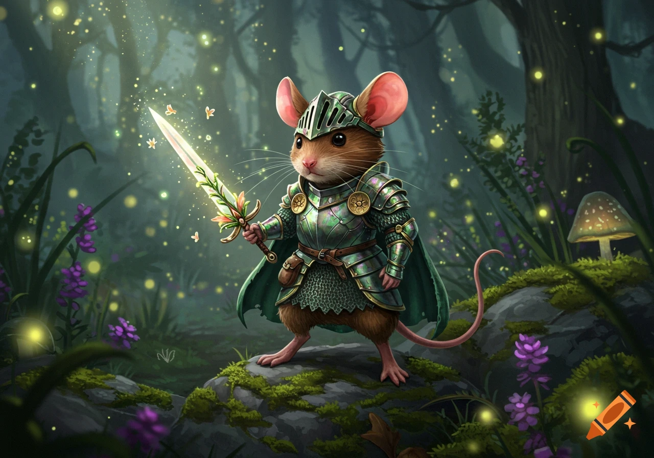 A valiant mouse knight in green armor holds a glowing sword in an enchanted forest filled with sparkling lights.