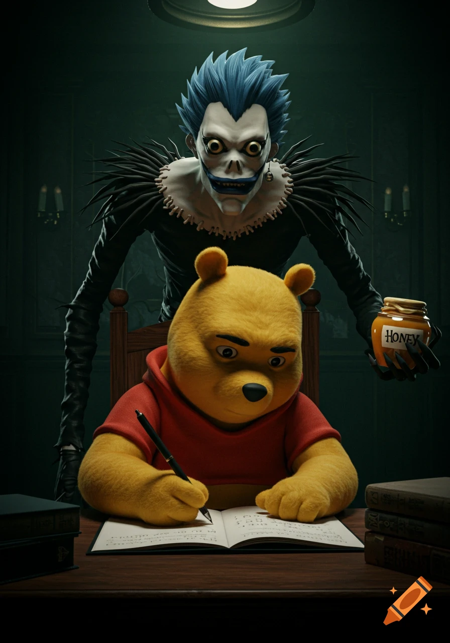 Winnie the Pooh seriously writes in a notebook while Ryuk from Death Note watches, holding a honey jar, in a dark, moody room.