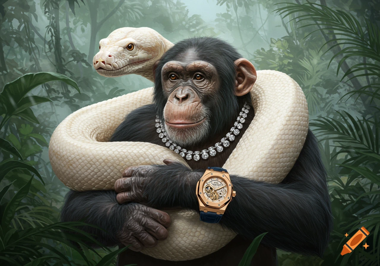 A chimpanzee with a diamond necklace and a gold watch holds an albino python in a lush jungle.