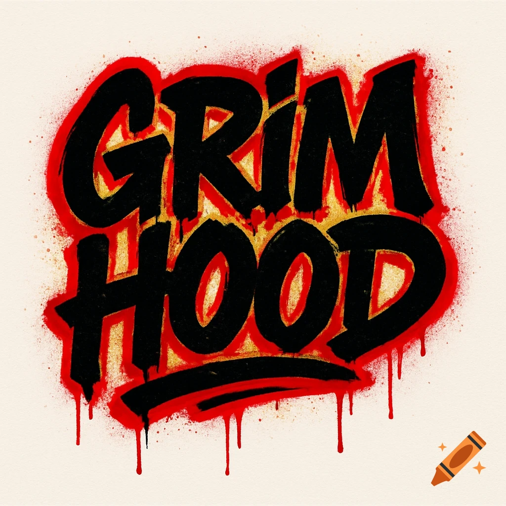 A black and red spray paint style logo with dripping effects, saying 'GRIM HOOD' with gold highlights.