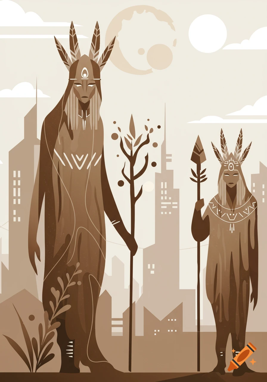 Two stylized shaman figures with feathered headdresses and staffs stand before minimalist urban skyscrapers and a large moon.