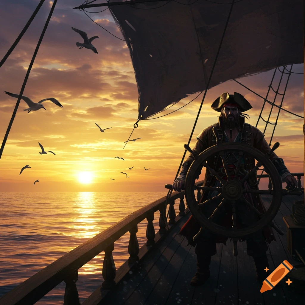 A pirate with a beard and a tricorne hat steers a ship at a vibrant sunset over the ocean, with seagulls flying.