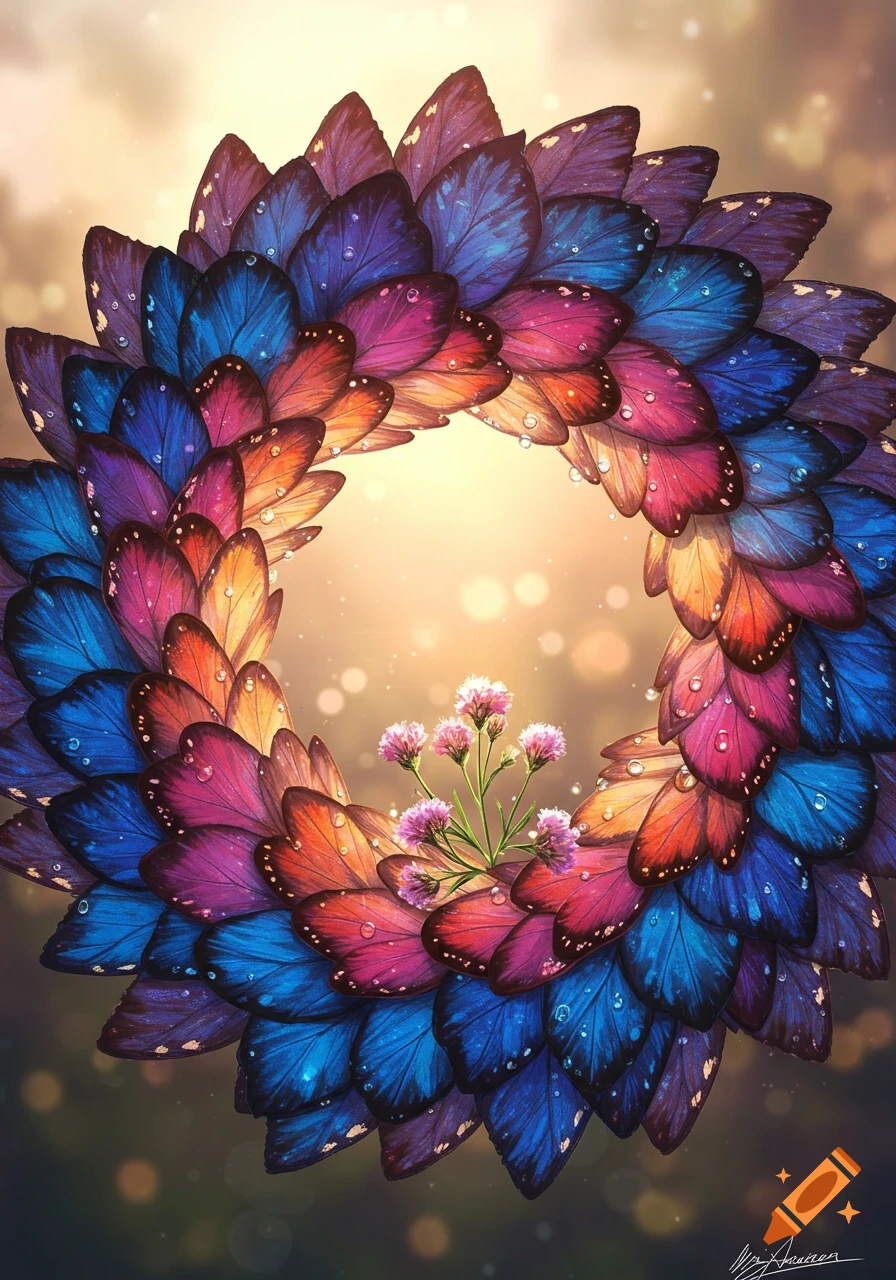 A vibrant wreath made of iridescent, multicolored butterfly wings with glistening dew drops, encircling a cluster of small pink flowers against a bright, bokeh background.