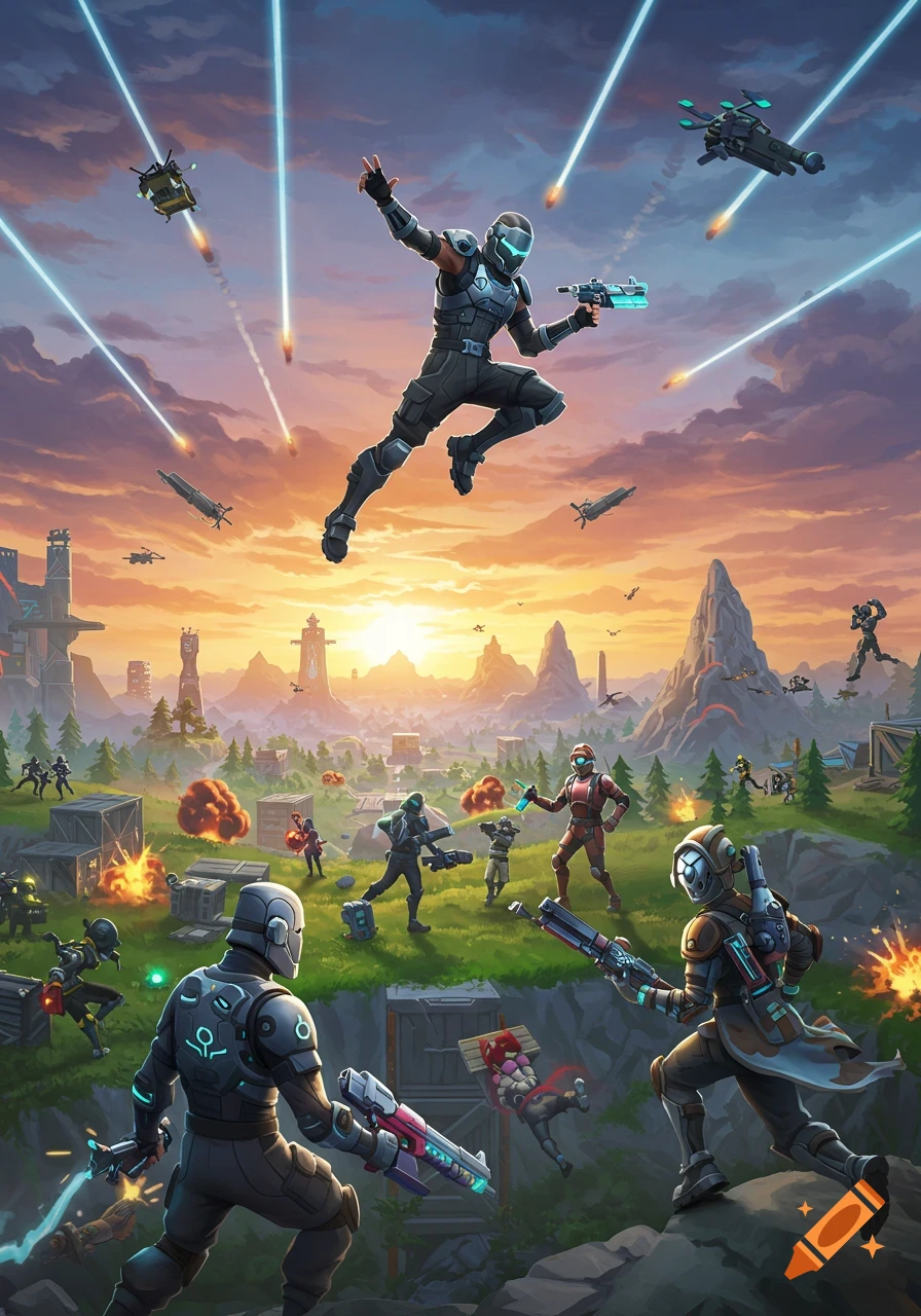 Stylized sci-fi battle scene with armored soldiers fighting in a vibrant landscape at sunset, with laser beams and explosions.