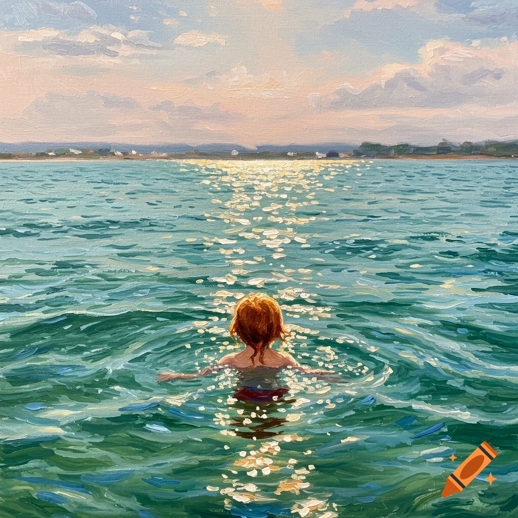 Oil painting of a ginger-haired child swimming in a calm, sun-dappled ocean at sunset, viewed from behind.