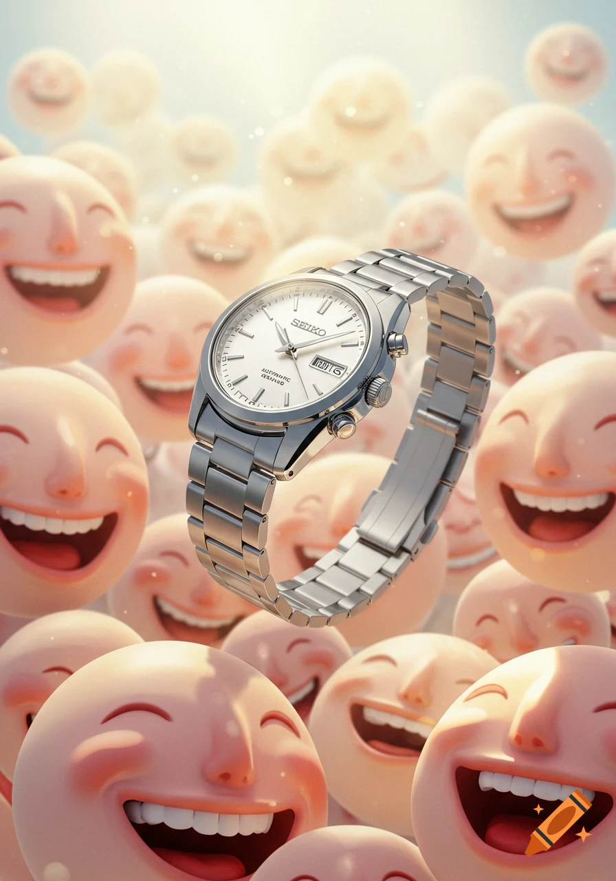 A close-up of a silver Seiko watch floating among a field of smiling and laughing light pink emoji-like faces.