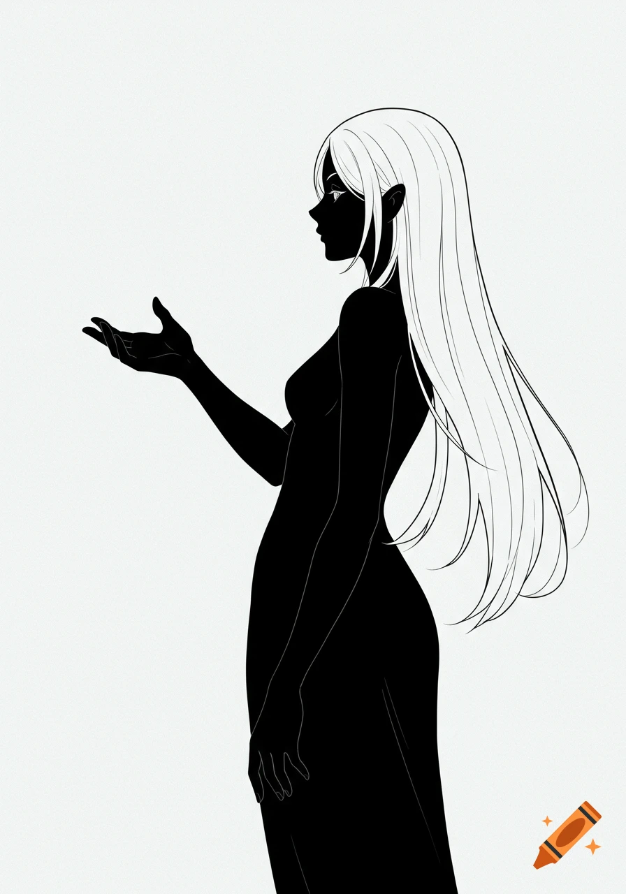 A black silhouette of a woman with long white hair in profile, extending her right hand forward, in a clean anime style.
