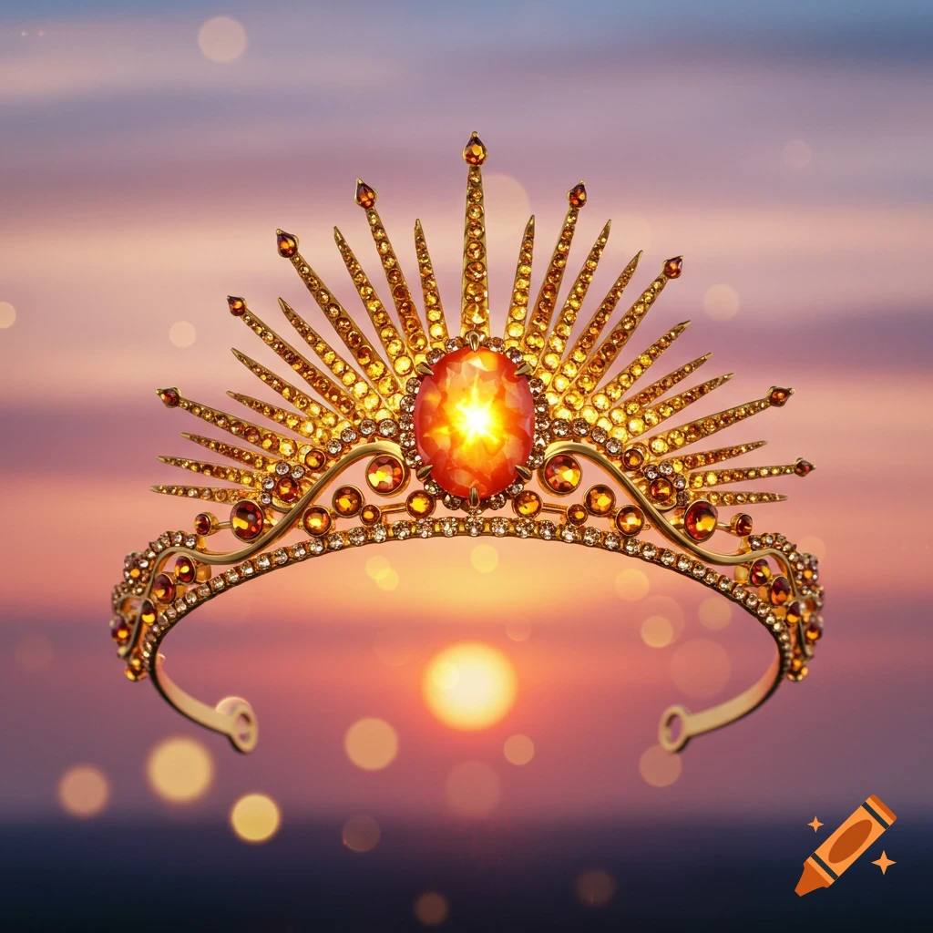 A golden, sun-ray shaped tiara with a large glowing red-orange gem and smaller amber stones, set against a blurred sunset sky with bokeh lights.