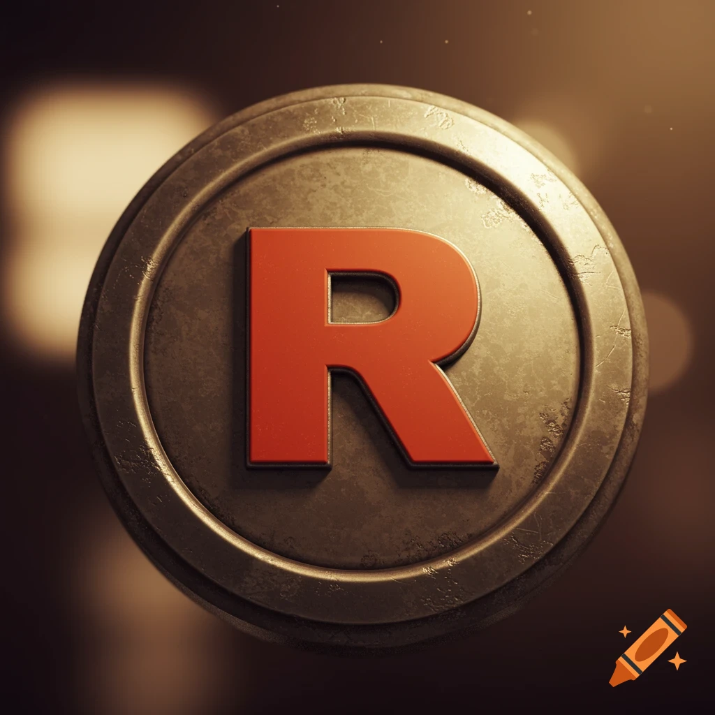 A rustic, metallic circular icon featuring a bold red letter R on a dark, reflective background.