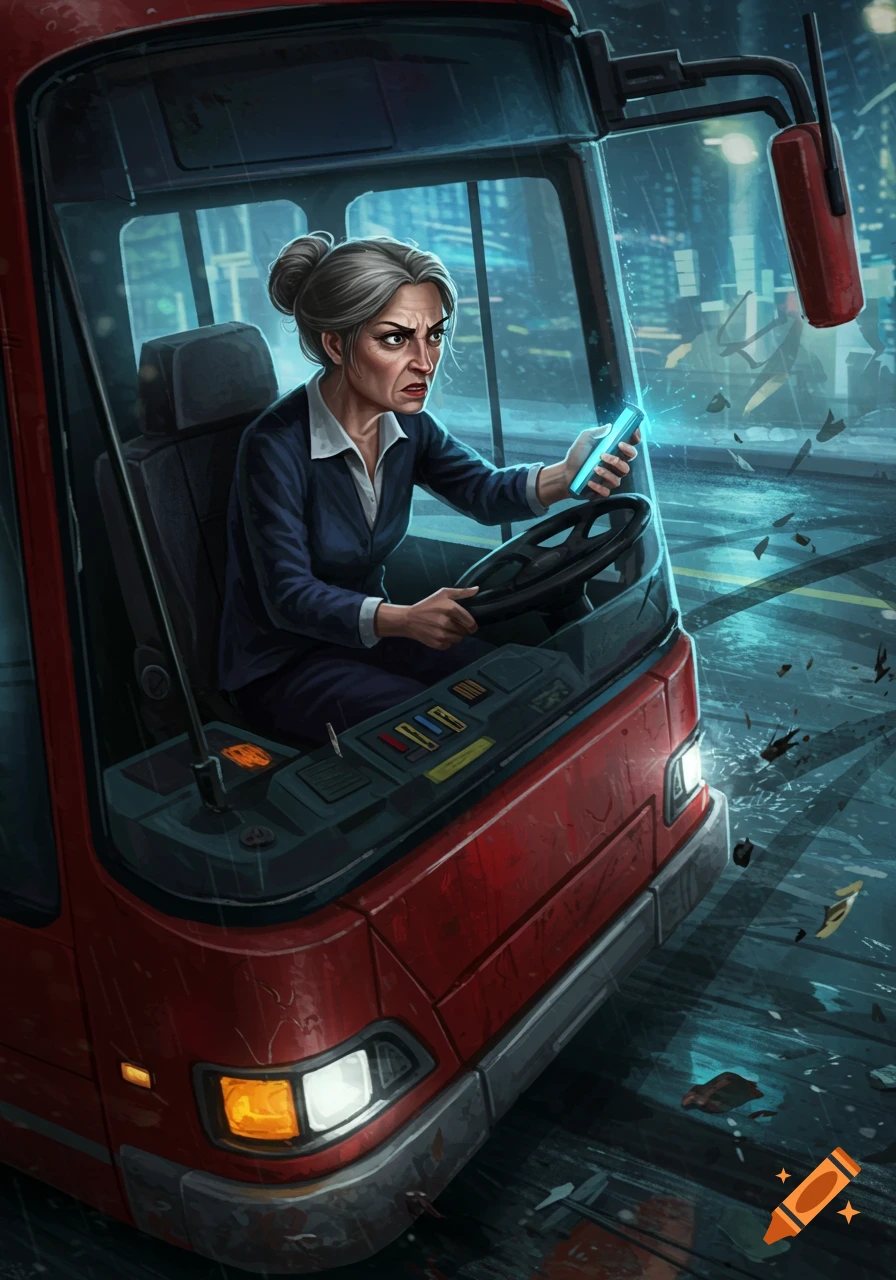 Angry gray-haired woman drives a red bus at night, holding a glowing phone. Shattered glass and skid marks on the wet road suggest an accident. Illustration.