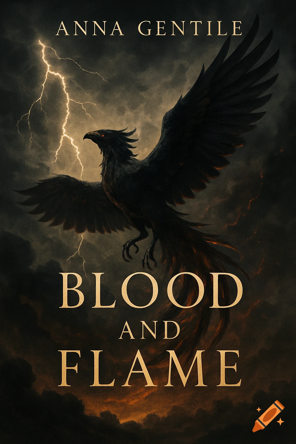 A dark phoenix flies under a stormy, lightning-filled sky with fire below. Text: Anna Gentile, Blood and Flame.