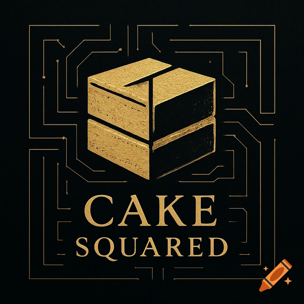 Luxurious gold and black logo for 'Cake Squared' featuring a geometric cube and circuit board pattern.