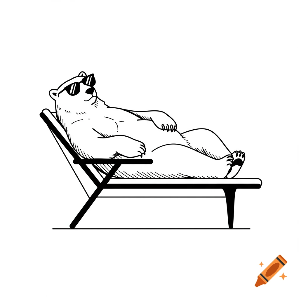 Black and white vector drawing of a cool polar bear wearing sunglasses, relaxing on a lounge chair.