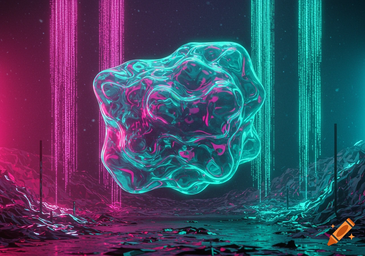 A glowing teal and pink abstract blob floats above a dark landscape with neon digital rain falling.