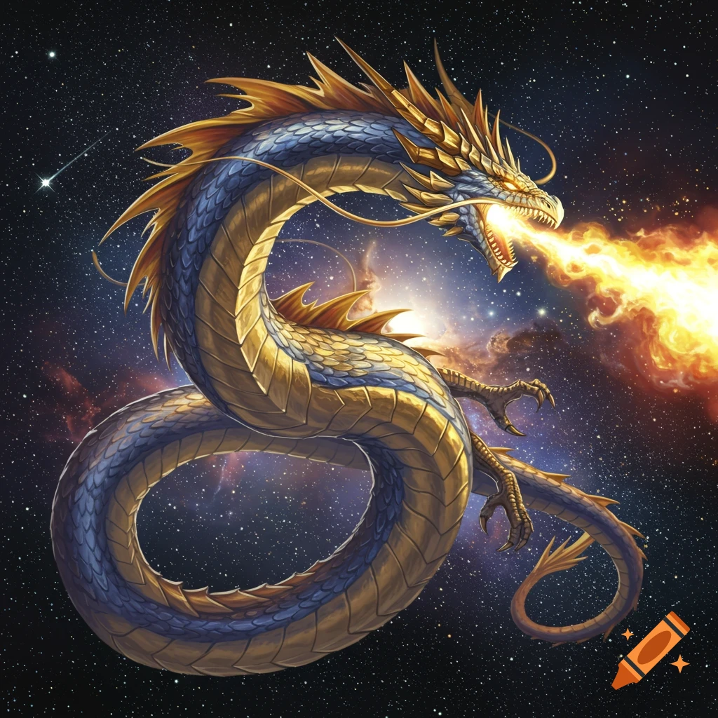 A majestic gold and blue cosmic dragon breathes fire in the starry expanse of space.