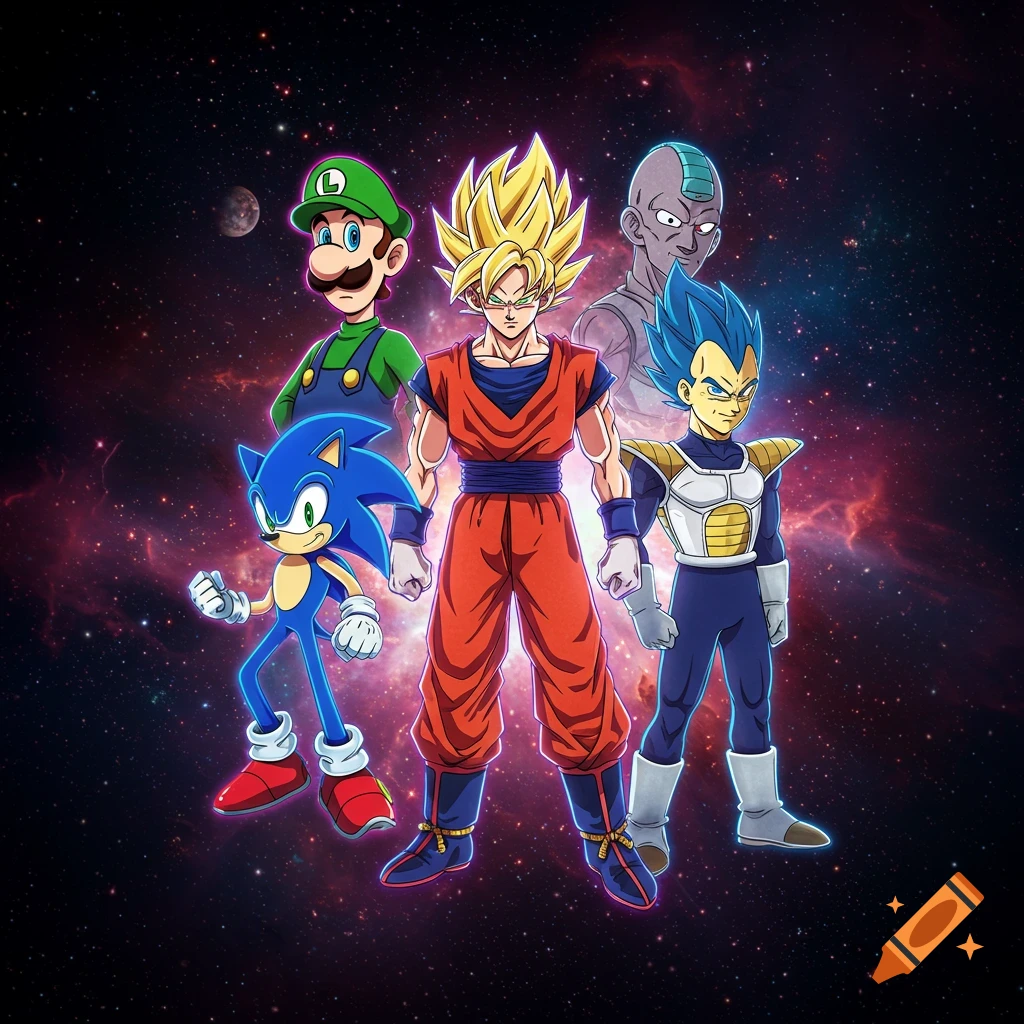 Luigi, Sonic, Goku, Vegeta, and a character resembling Frieza stand in space with nebulae and stars.