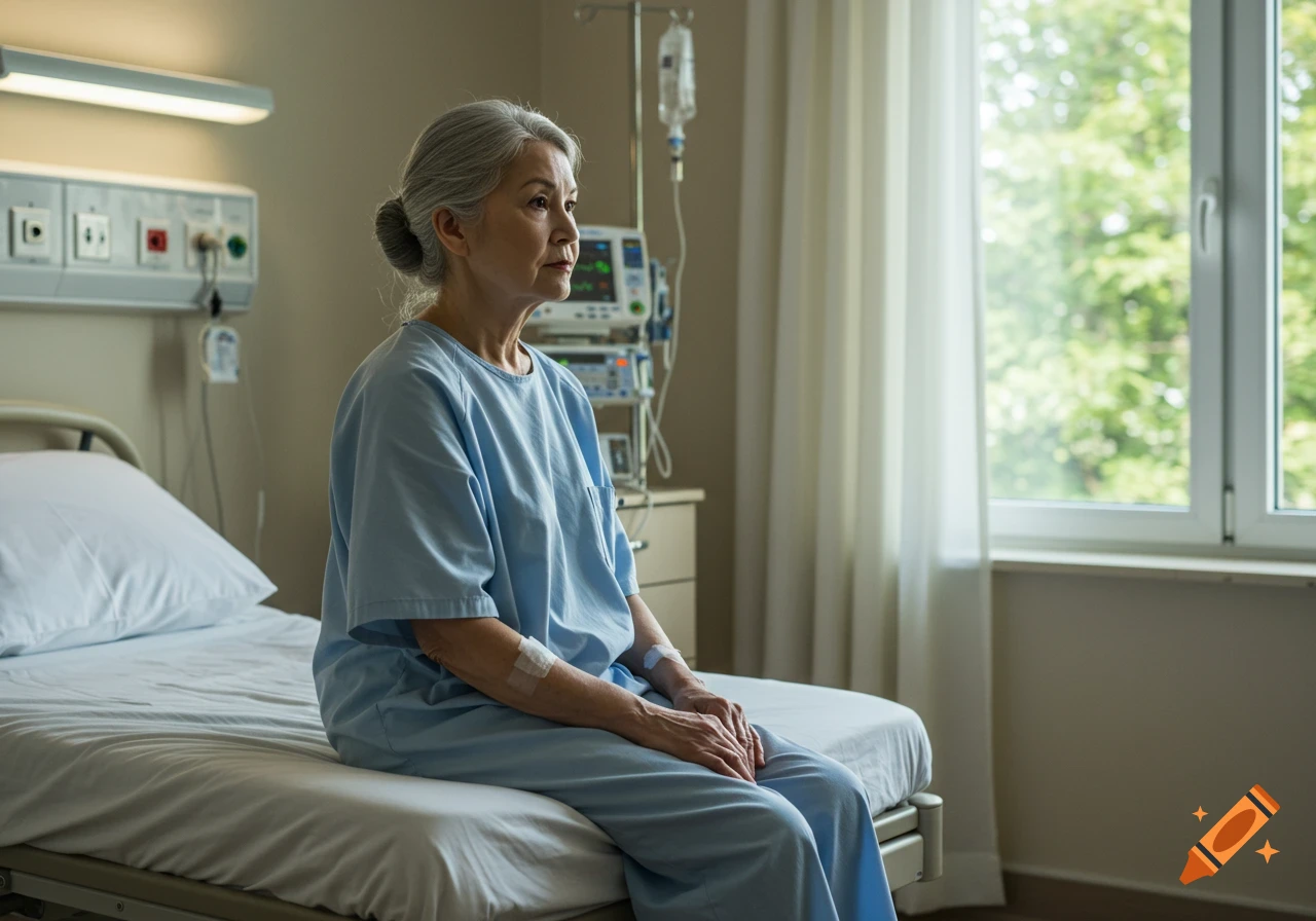 Elderly Asian woman patient in a blue hospital gown sits on a bed, looking out a window in a medical room.