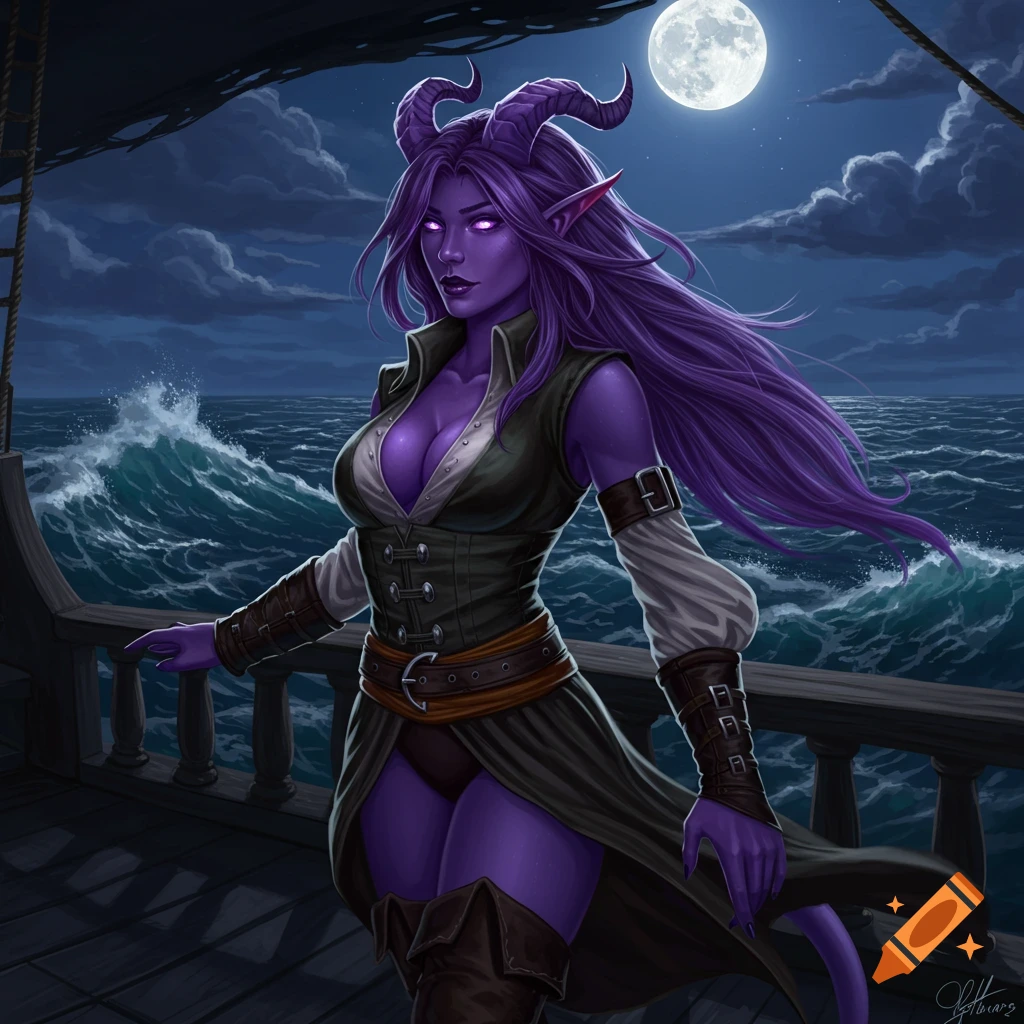 Purple-skinned Tiefling pirate on a ship's deck at night, gazing at the moonlit, wavy sea. Fantasy art.