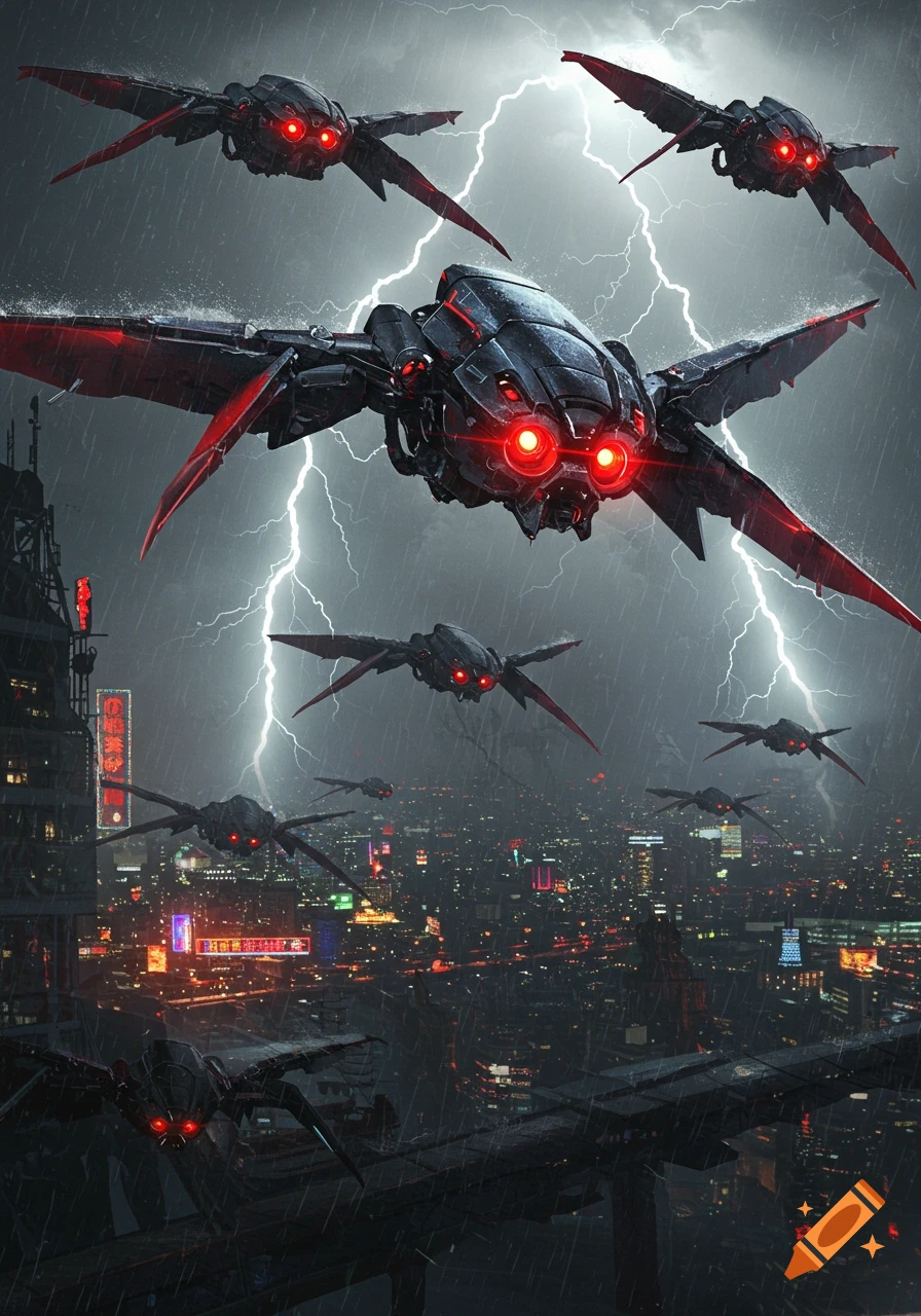 Menacing black drones with glowing red eyes fly over a rainy, lightning-struck futuristic city at night.