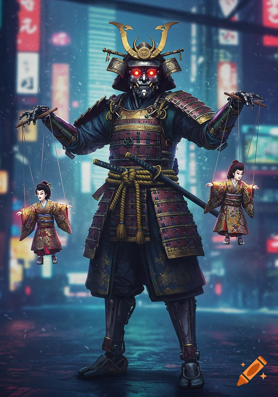 A cyberpunk samurai robot with glowing red eyes holds two traditional Japanese puppets on strings in a neon city.