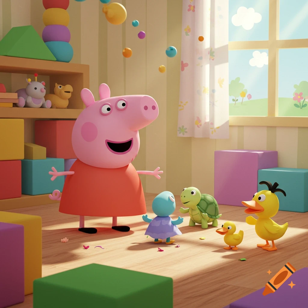 3D cartoon of Peppa Pig and various animal friends, including a turtle and ducks, playing in a bright child's playroom with colorful blocks.