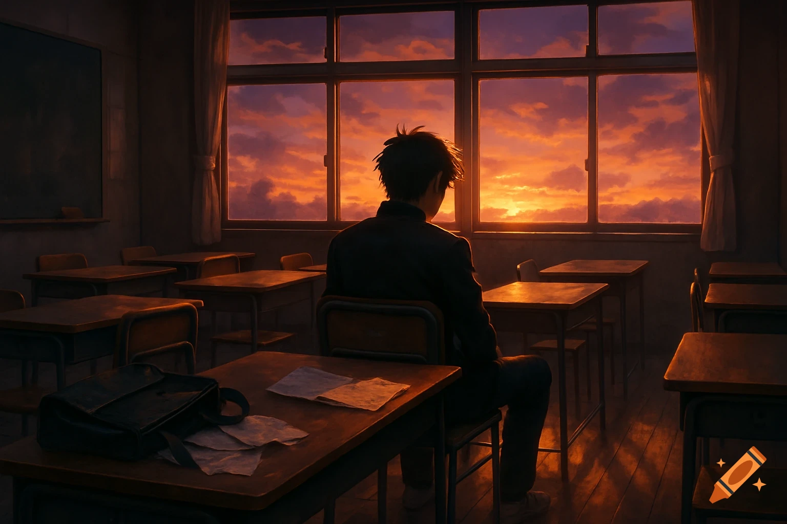 A lonely male student in a Japanese school uniform sits facing a window in a classroom at sunset, papers on his desk, anime style.