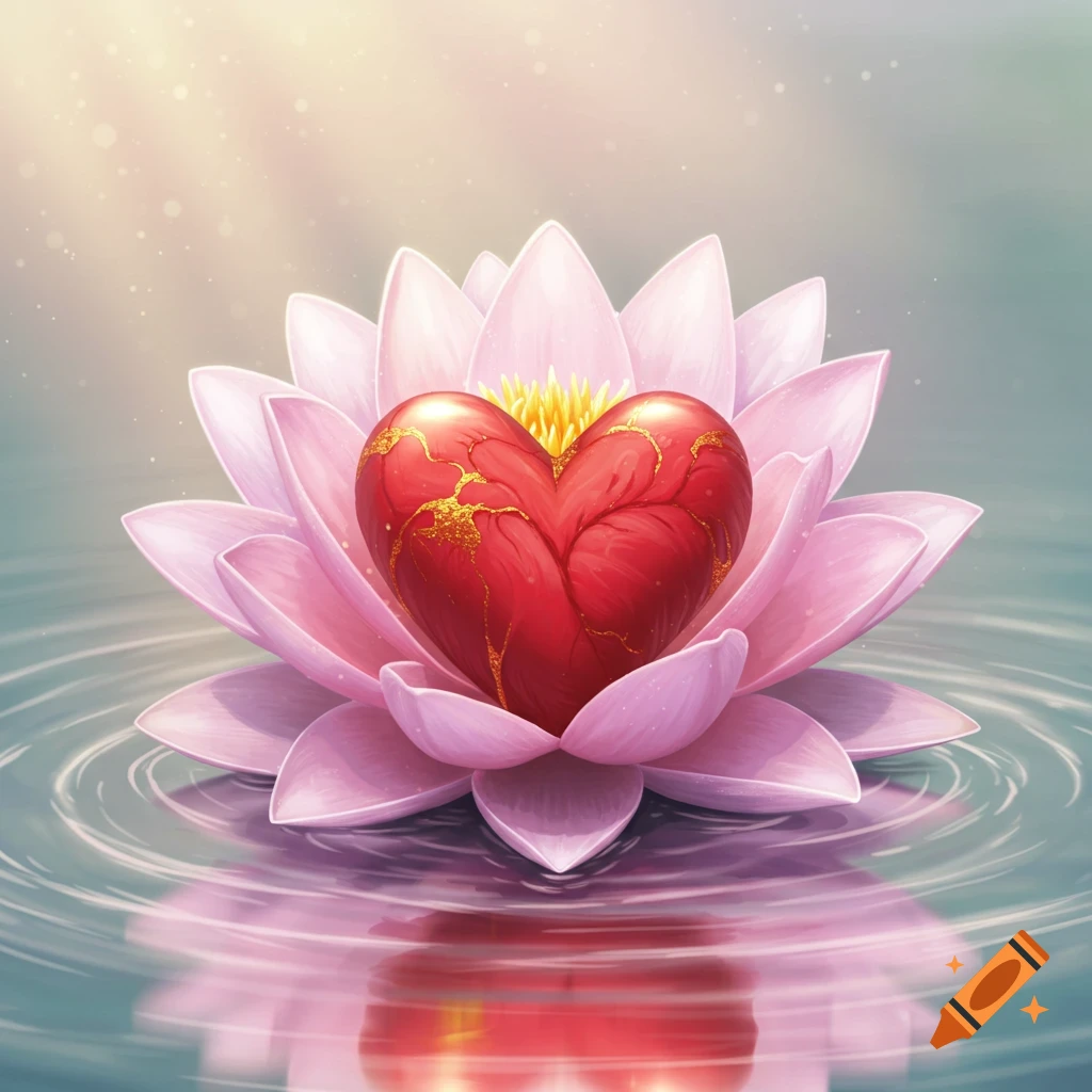 A glistening red heart with golden cracks sits in the center of a pink lotus flower floating on calm water, reflecting in the ripples.