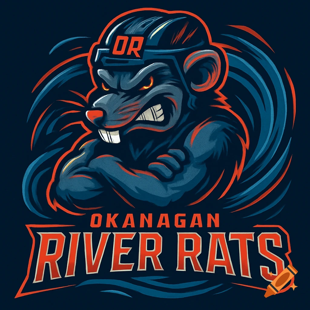 An edgy cartoon hockey team logo featuring an angry rat wearing a helmet, with the text "OKANAGAN RIVER RATS" below.