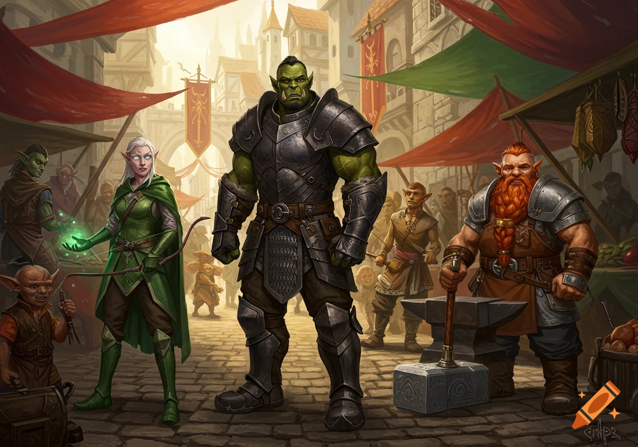 An orc warrior, an elf archer, a dwarf blacksmith, and goblins stand in a bustling fantasy market street.