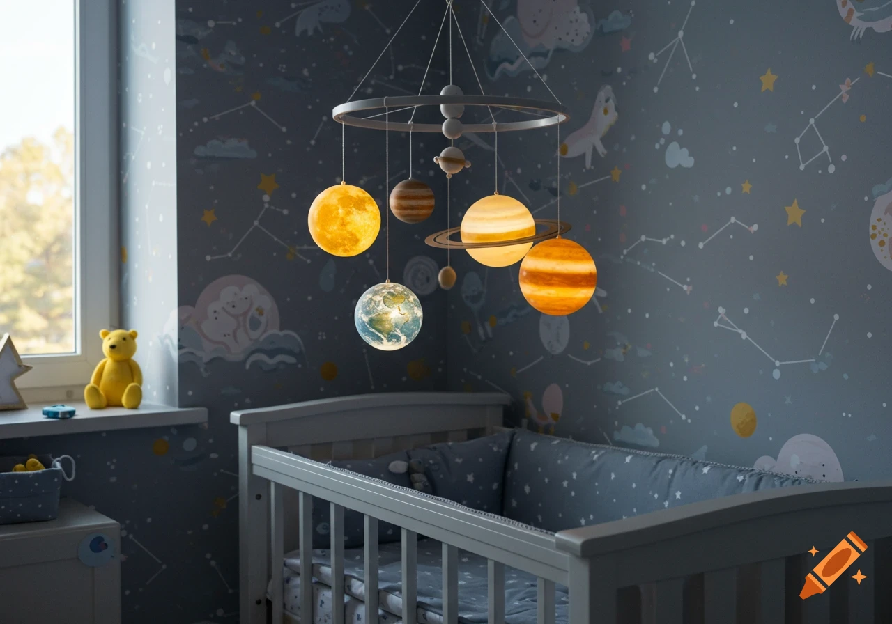 Photorealistic nursery with a baby crib and a glowing solar system mobile hanging above it. Cosmic wallpaper and a window are visible.