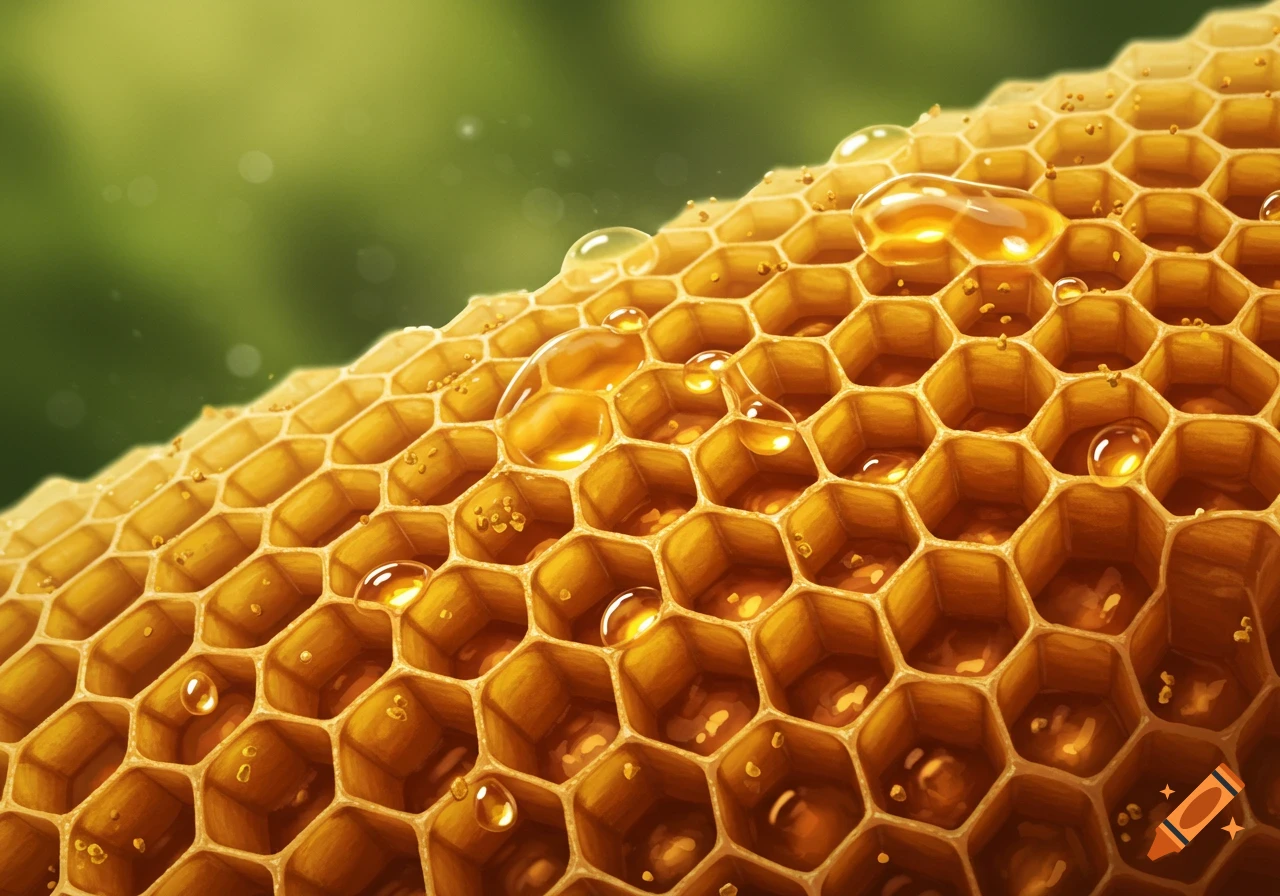 Close-up of a golden honeycomb with glistening honey drops against a soft green background.