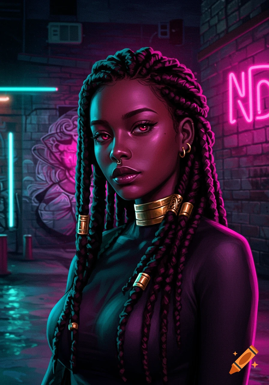 A dark-skinned woman with red eyes and box braids, wearing a gold choker, stands in a neon-lit cyberpunk alley.
