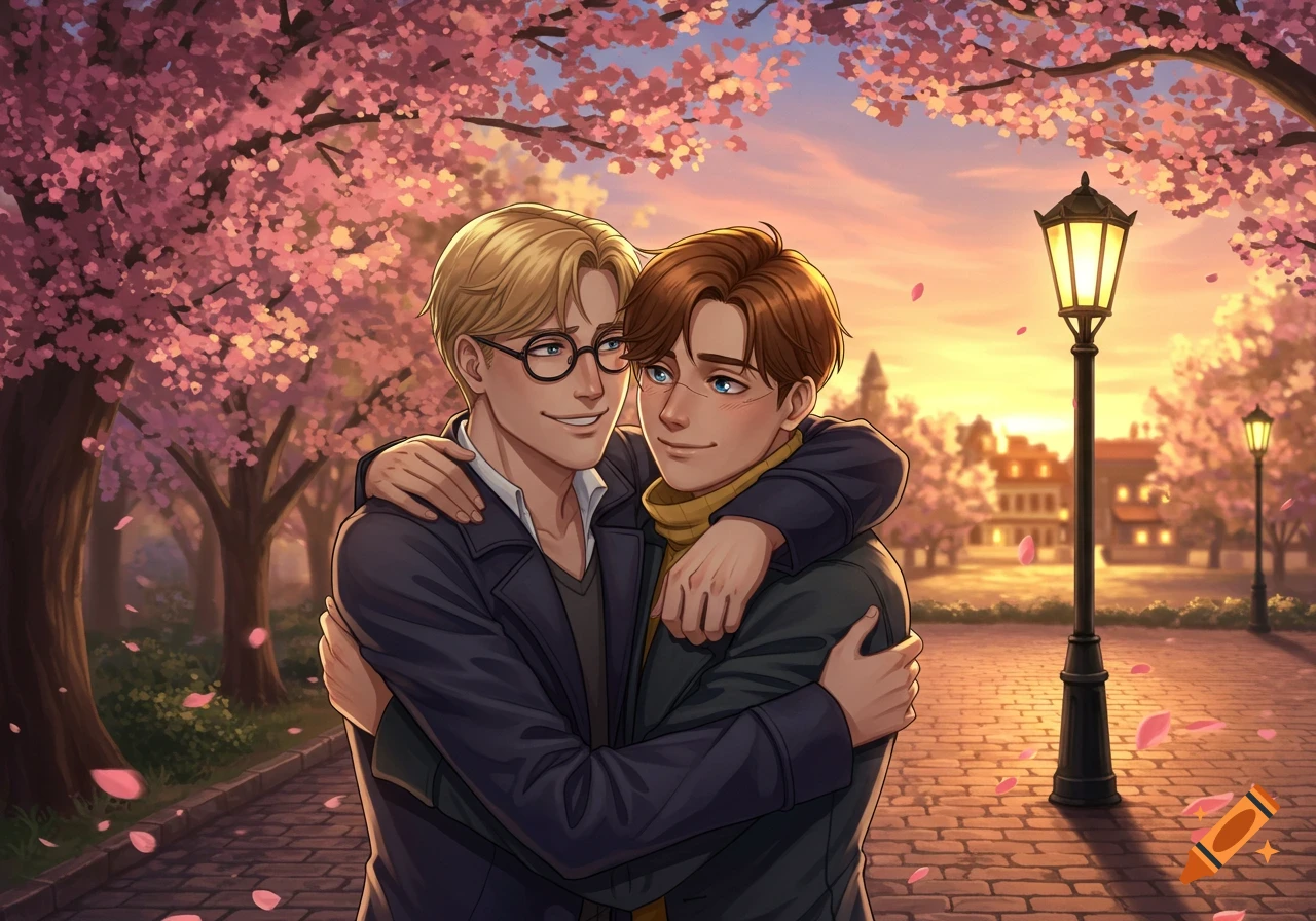 Two anime men hug and smile under pink cherry blossom trees in a park at sunset.