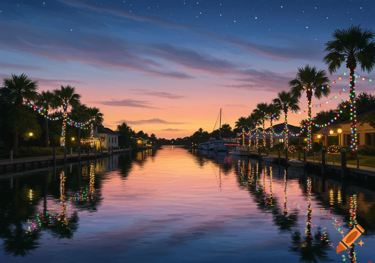 A colorful twilight landscape of a canal lined with palm trees and houses decorated with Christmas lights, reflecting in the water.