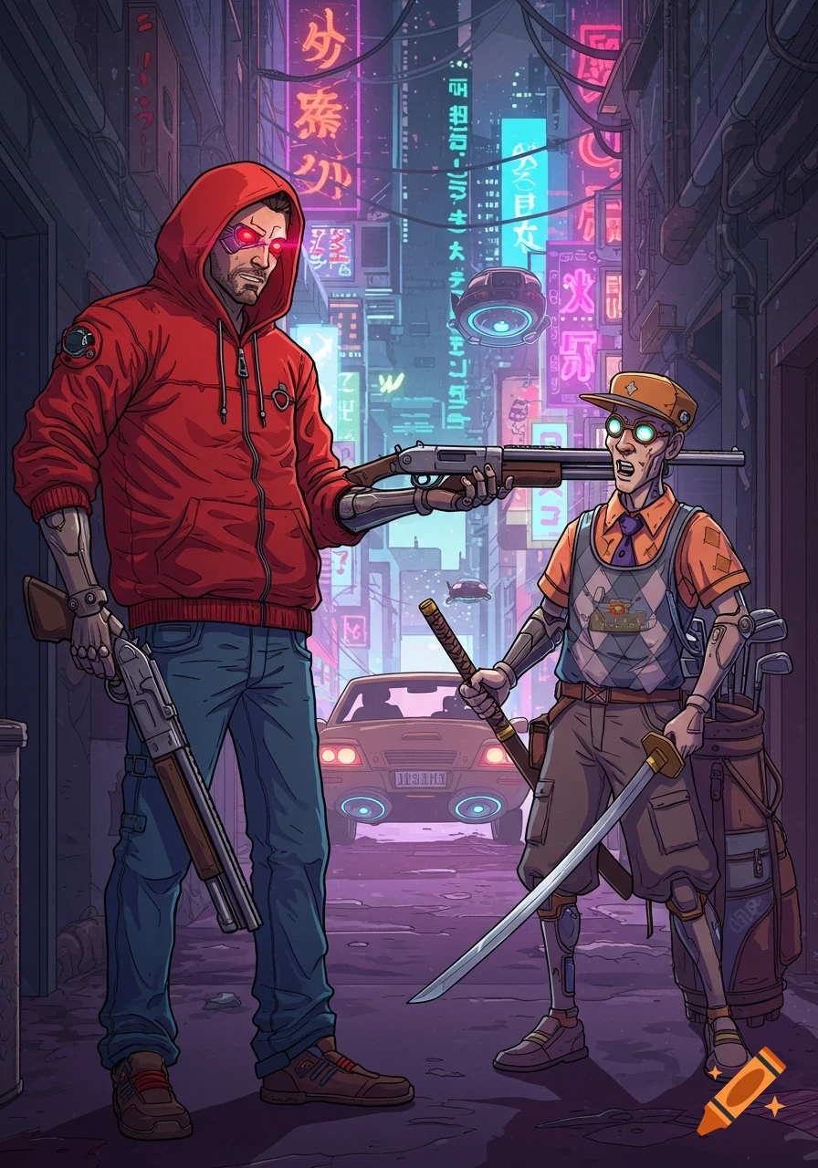 Cartoon cyberpunk street scene with a man in a red hoodie holding a shotgun and a golf caddy holding a katana, surrounded by neon signs.