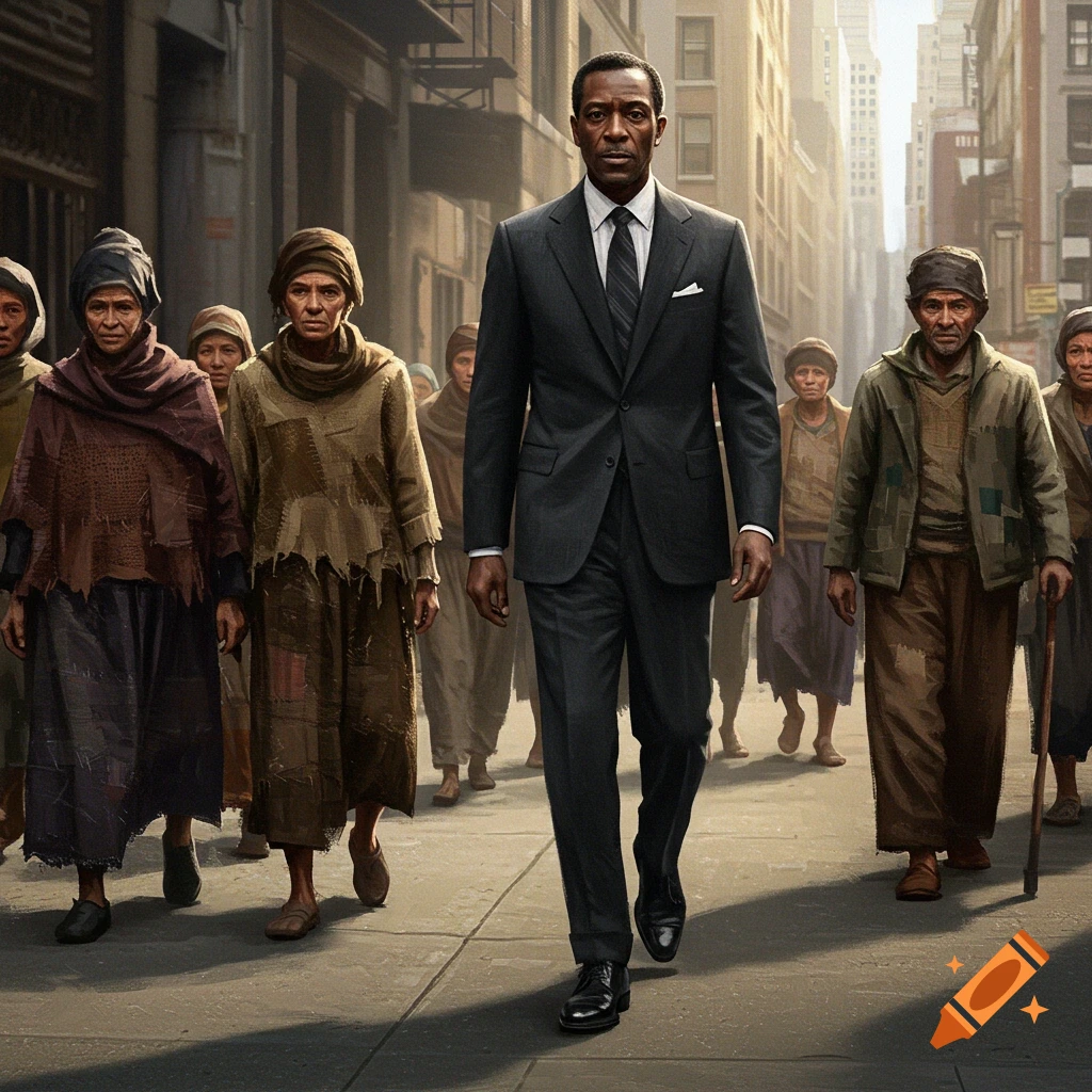 Photorealistic image: A sharply dressed man walks confidently on a city street, surrounded by people in worn, ragged clothing.