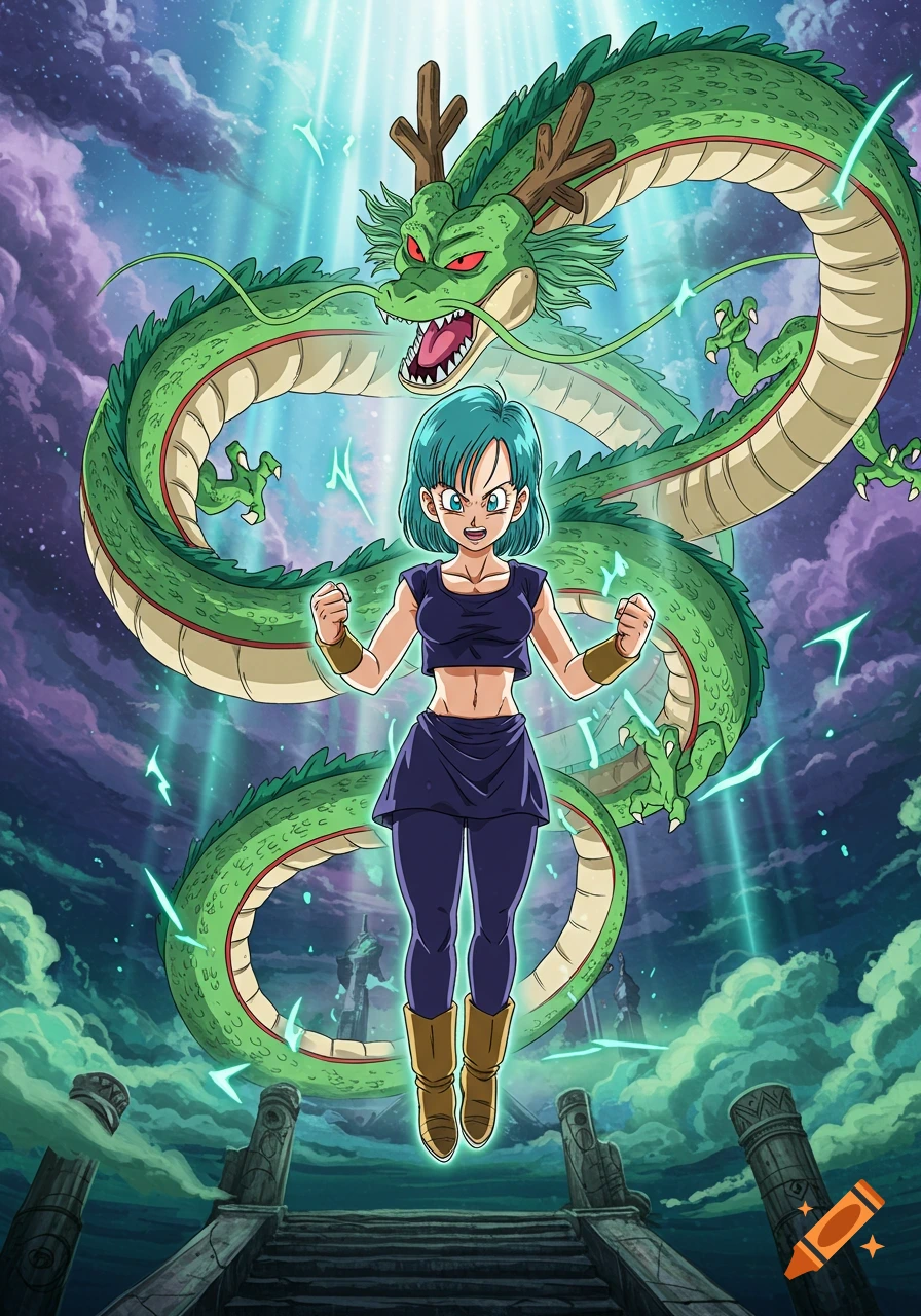 Anime illustration of Bulma in a crop top and skirt, floating with Shenron the dragon behind her in a cloudy, mystical sky.