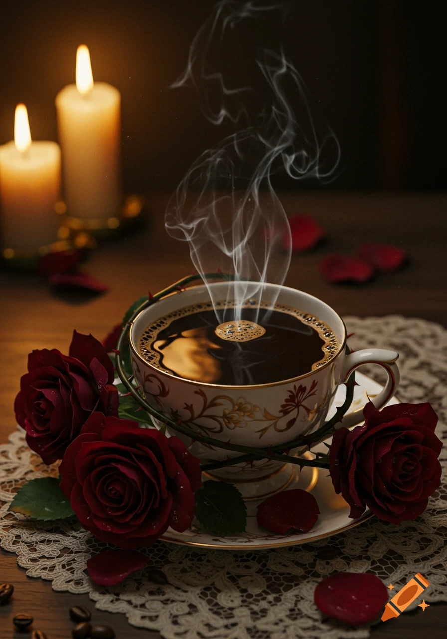 A steaming cup of coffee surrounded by dark red gothic roses and lit candles on a lace doily.