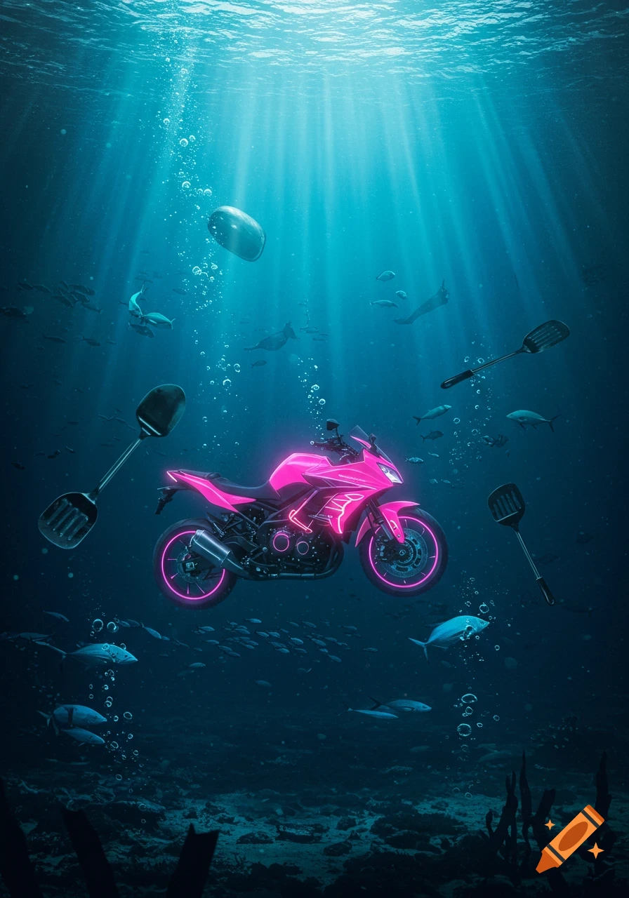 A neon pink motorcycle and kitchen spatulas float in a deep blue ocean surrounded by fish and light rays.