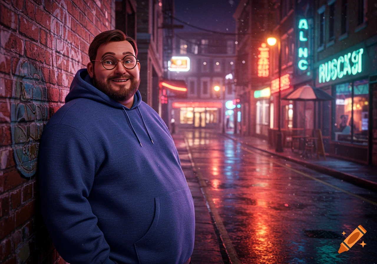 A smiling, overweight man in a blue hoodie leans against a brick wall on a rainy, neon-lit city street at night in a stylized art style.