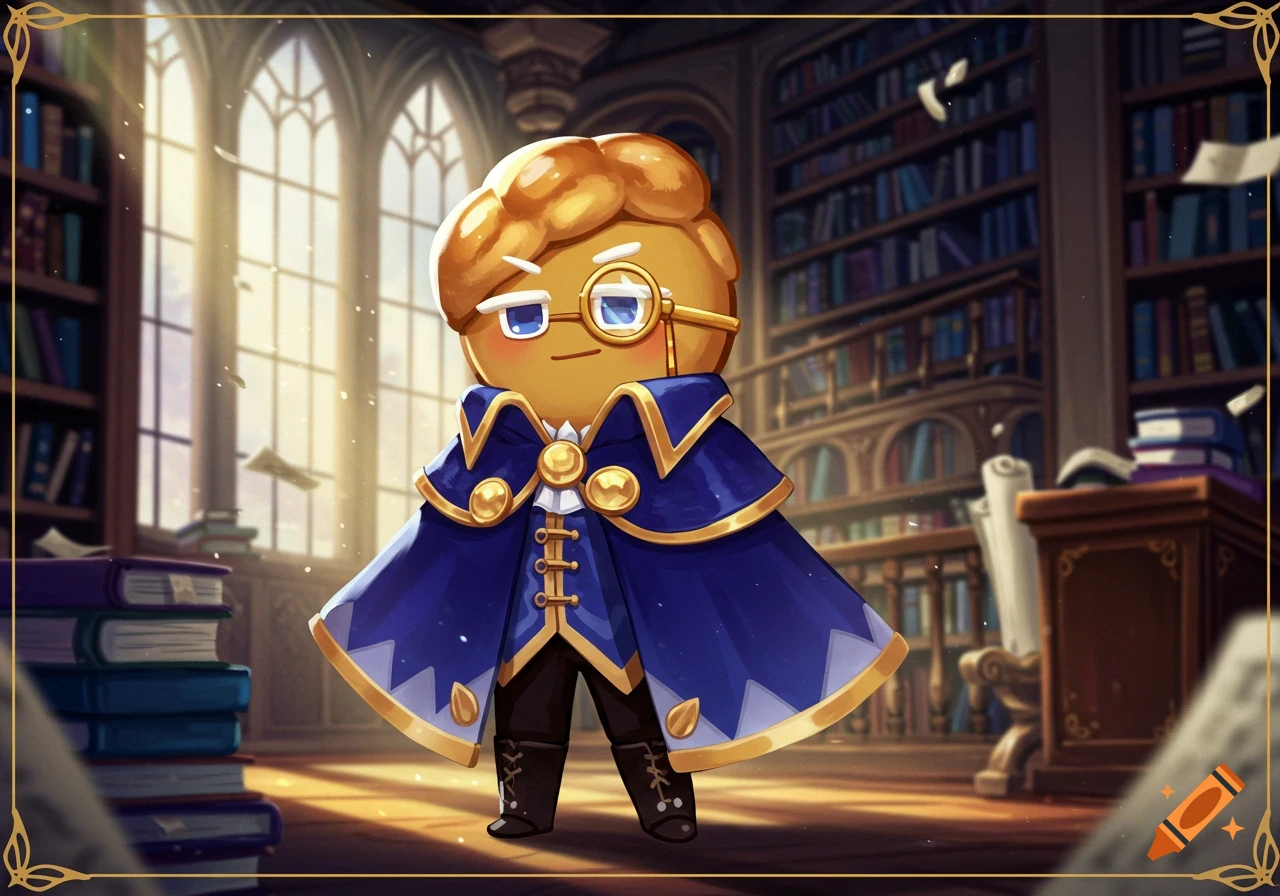 A cute, cookie-shaped character with golden hair, a monocle, and a blue cape stands in a grand, sunlit library.