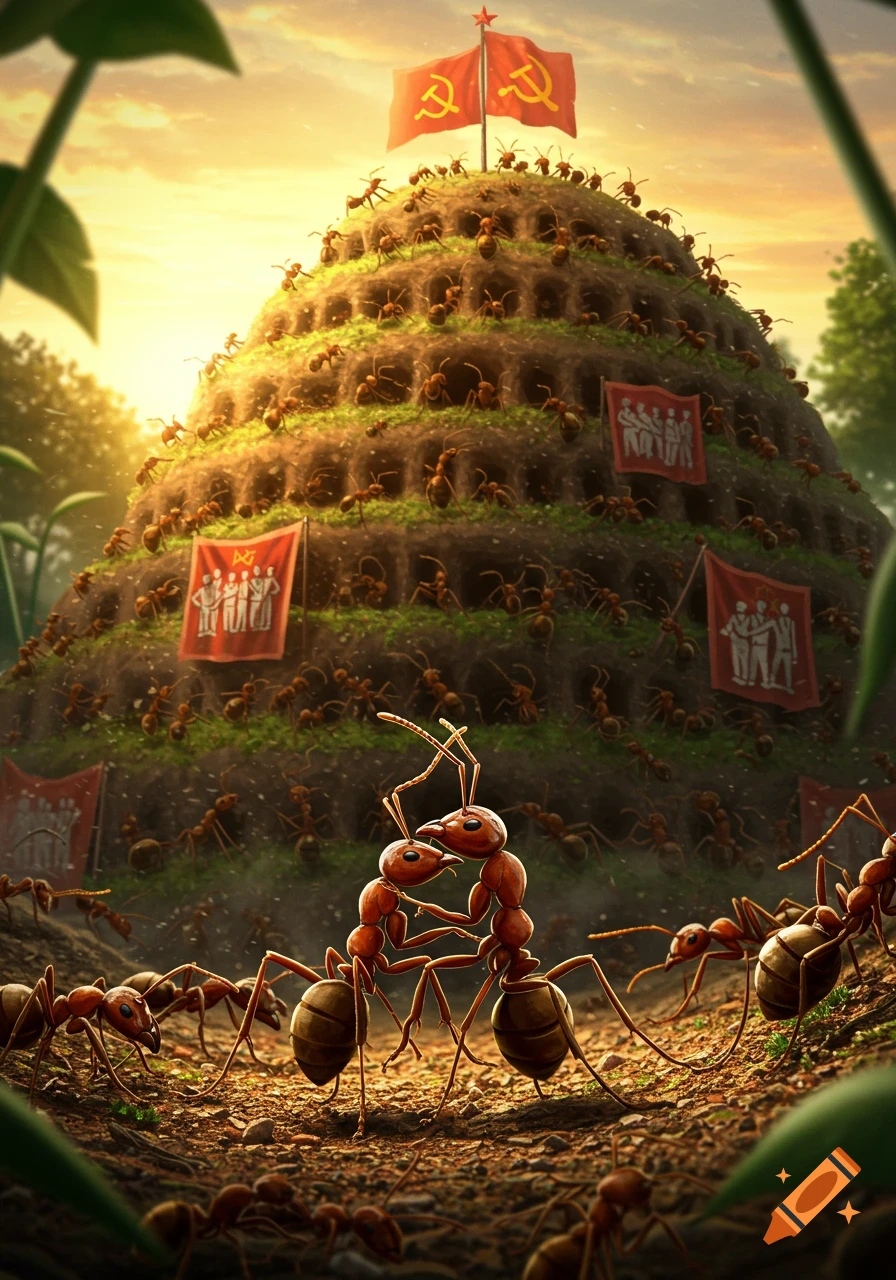 A giant ant hill covered in red flags with communist symbols and busy ants, with two prominent ants in the foreground touching heads under a bright sky.