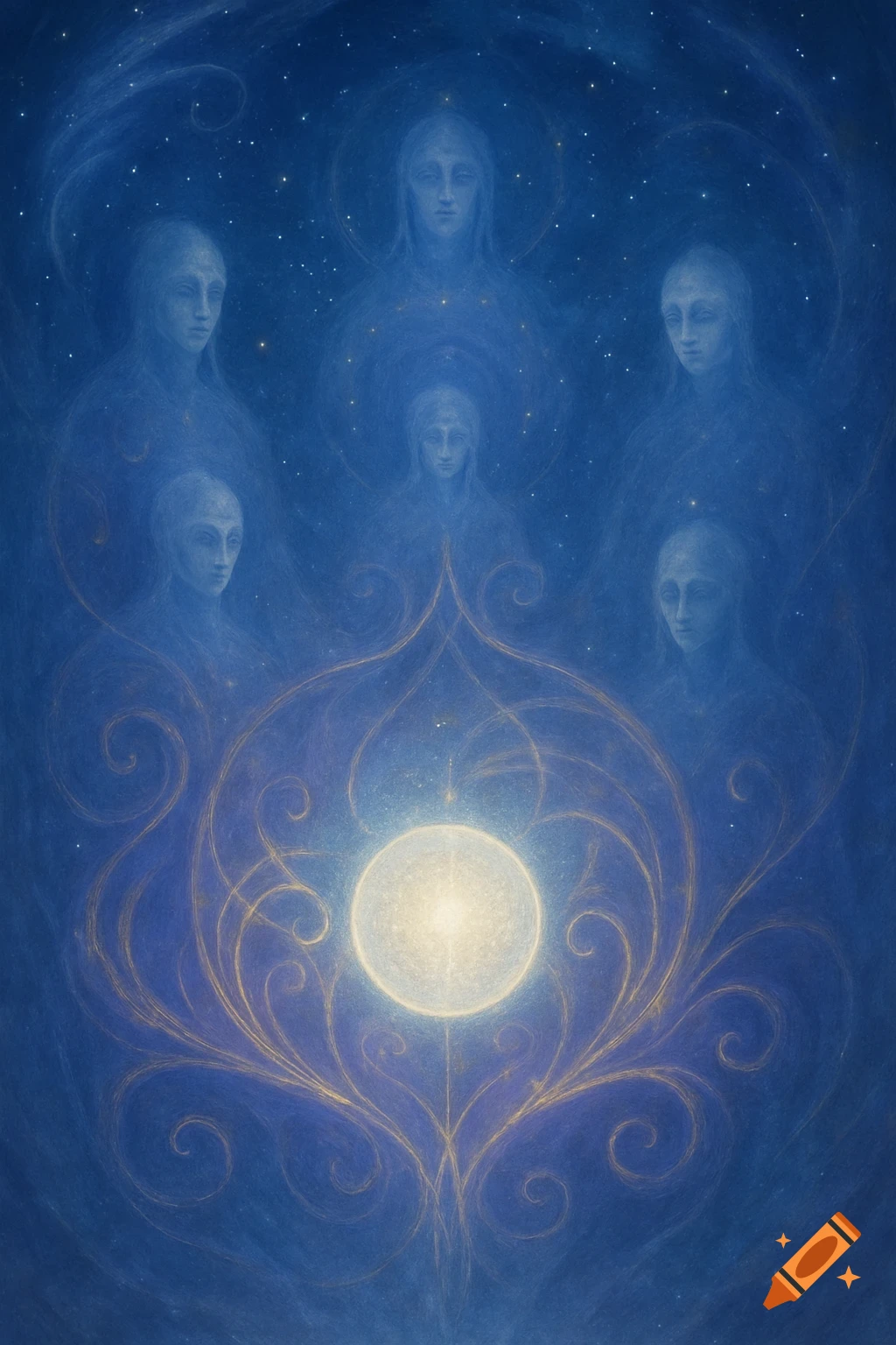Six ethereal blue figures with serene faces surrounding a glowing white orb and golden swirls in a mystical starry blue cosmos.
