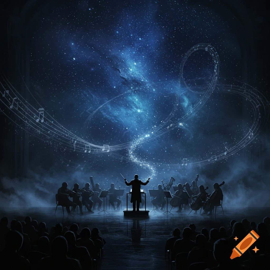 A conductor leads an orchestra under a starry, cosmic sky with glowing musical notes swirling above.