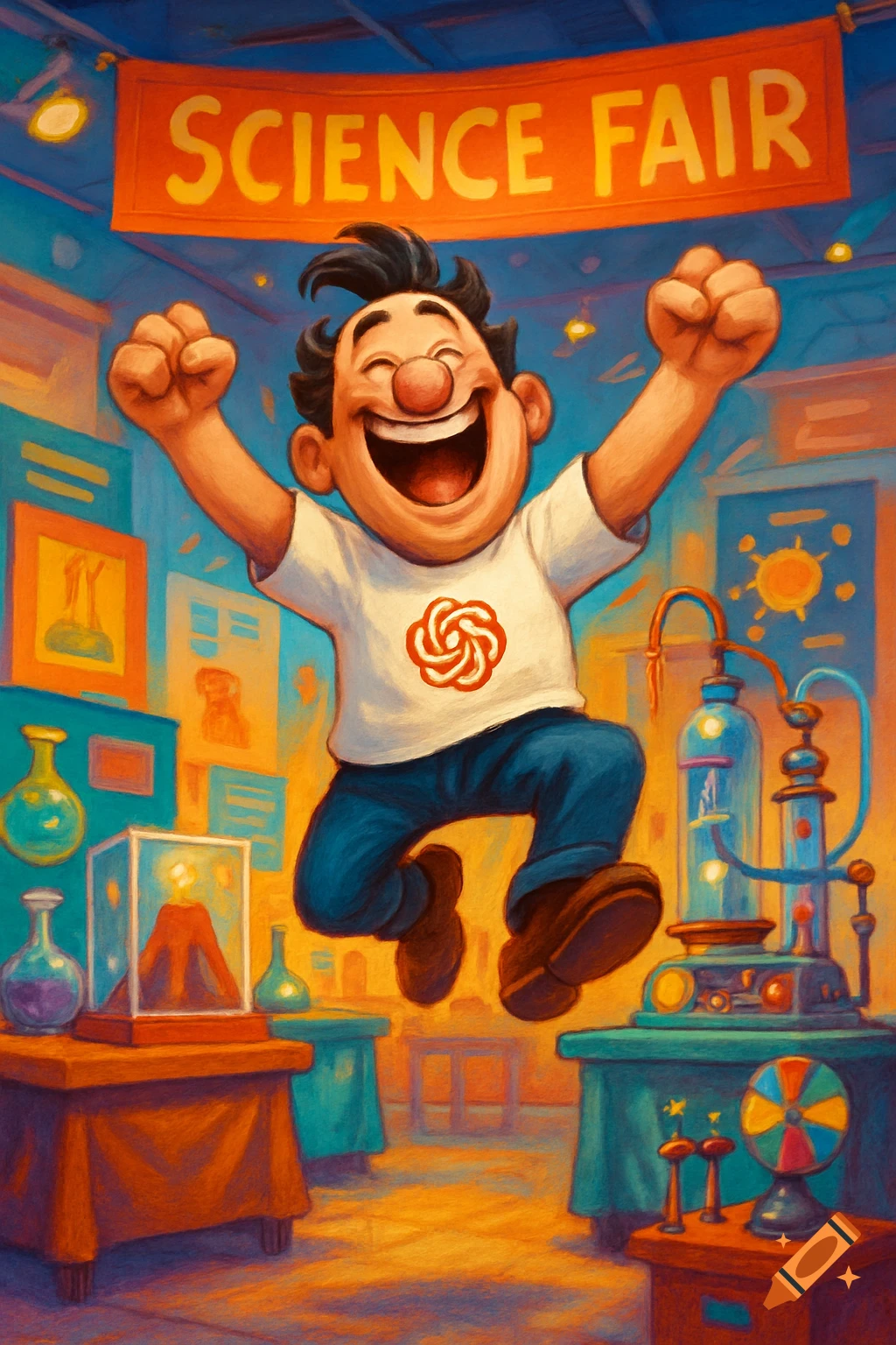 A happy cartoon man in a white shirt with a logo, jumping excitedly at a colorful science fair with lab equipment and a "SCIENCE FAIR" banner. Stylized illustration.