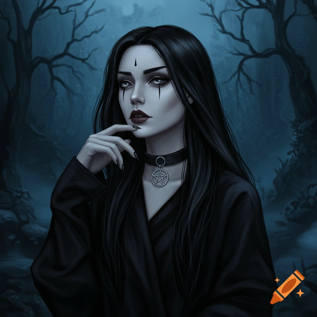 A dark fantasy portrait of a gothic woman with long black hair, silver eyes, dark makeup, and a pentagram choker, set against a spooky forest background.