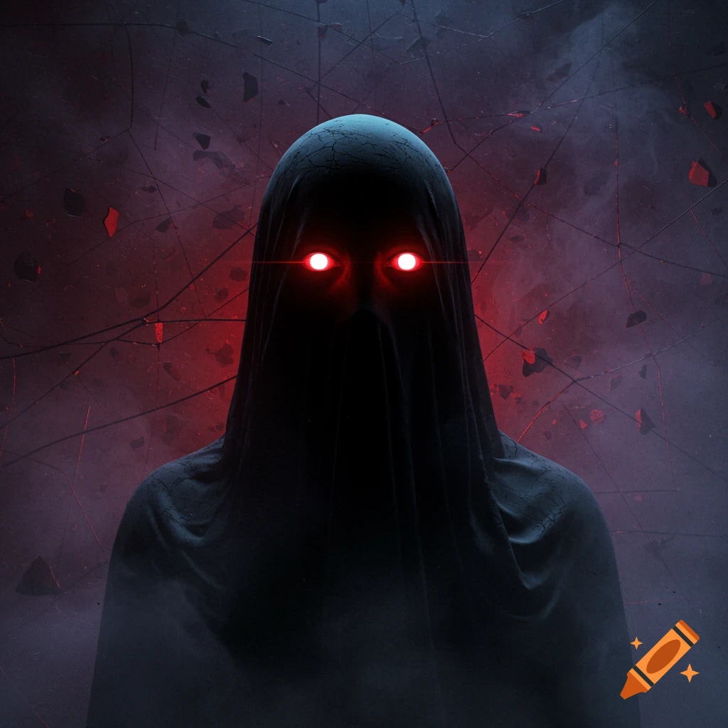 A mysterious, hooded figure with glowing red eyes against a dark, cracked, misty background in a digital art style.
