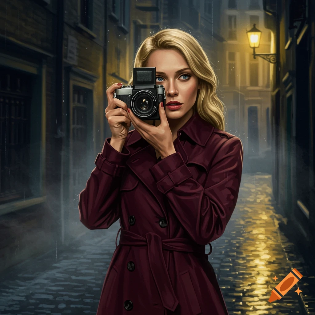 Blonde woman in a burgundy trench coat holds a camera up, looking directly at the viewer on a wet, rainy city street at night.