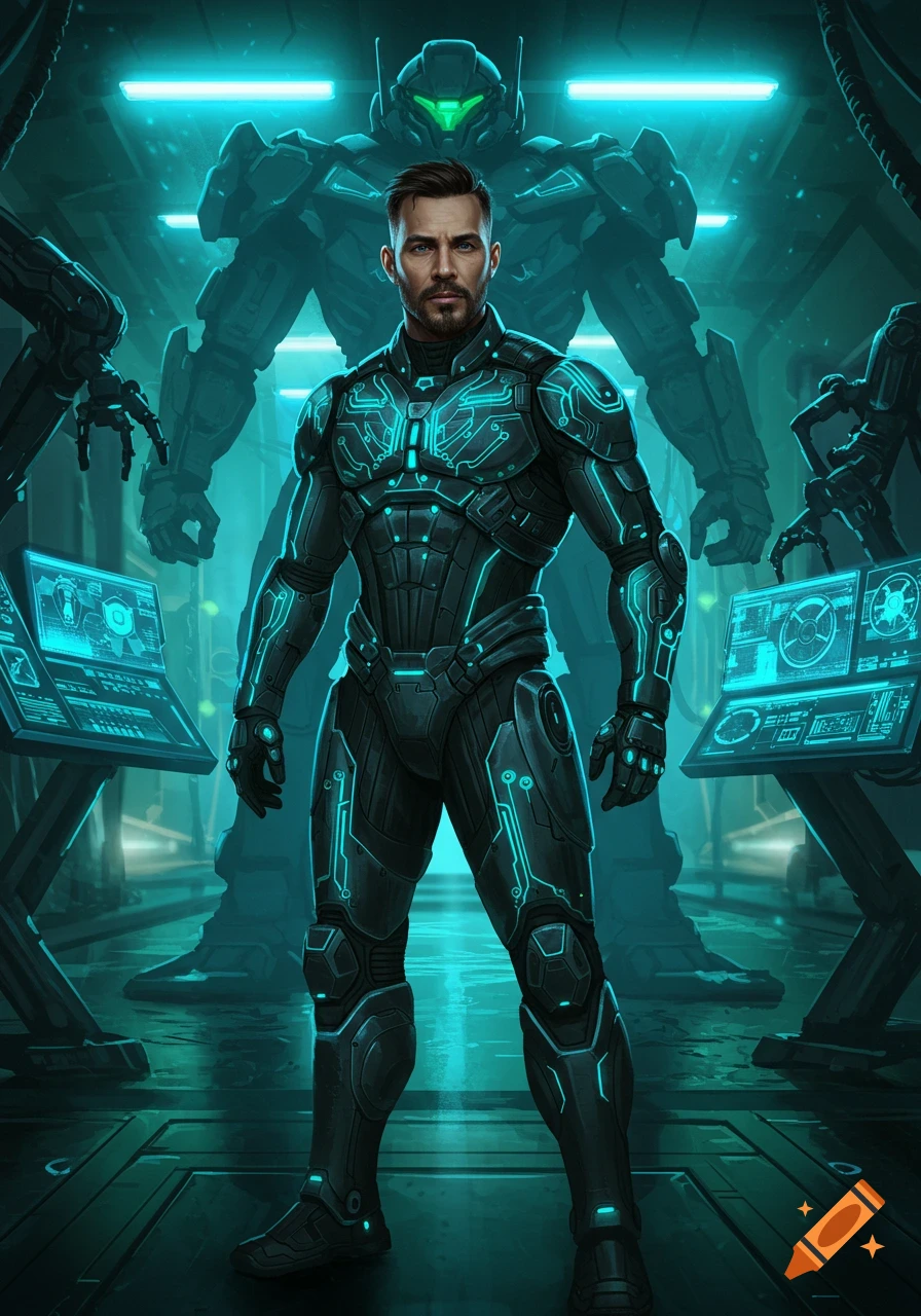 Male mech pilot in glowing futuristic armor stands before a large dark mech in a sci-fi hangar, lit with teal neon.